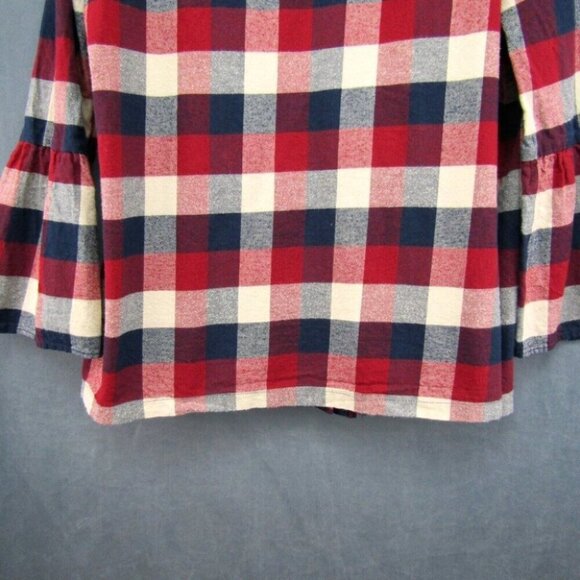 Hatch Maternity Red Navy Plaid Flannel Top Size M 2 Bell 3/4 Sleeves Back Button - Picture 3 of 10